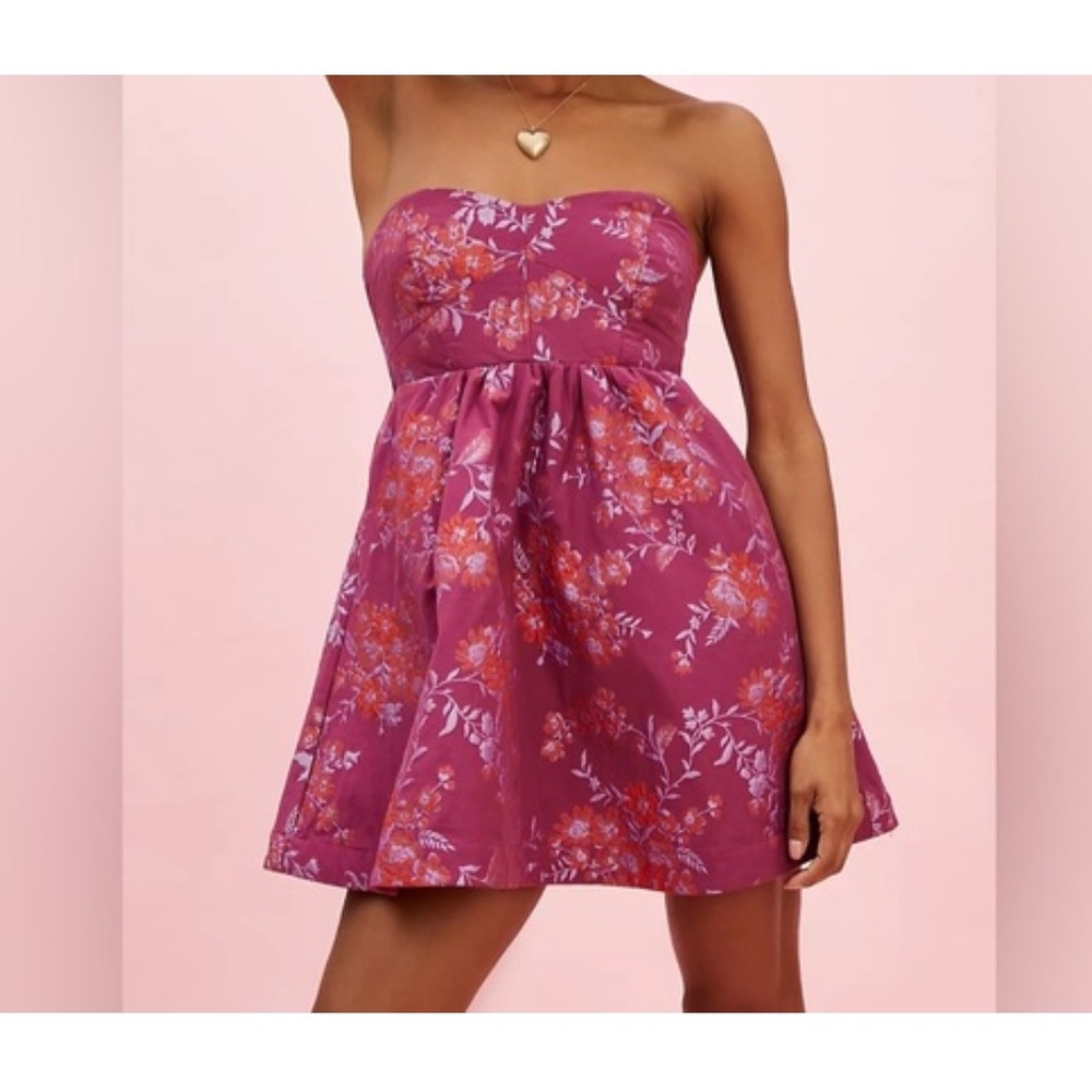 Free People Matilda Floral Strapless Mini Dress Smocked Back Bow Tie Purple Sz M